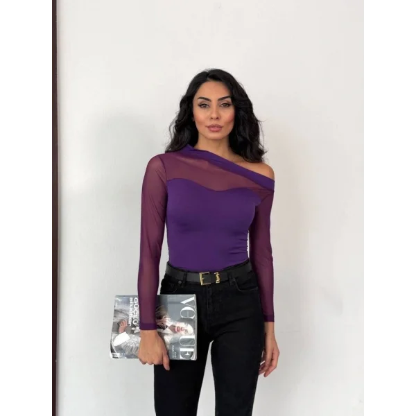 Kadın Uzun Kollu Omuz Dekoltesi Ve Transparan Tül Detay Bluz