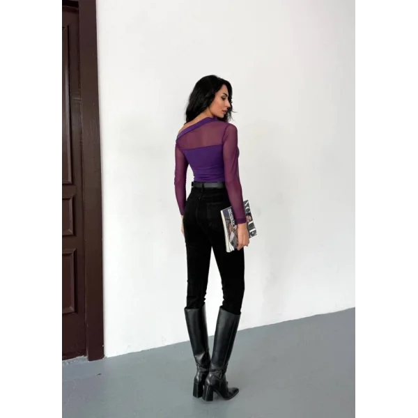 Kadın Uzun Kollu Omuz Dekoltesi Ve Transparan Tül Detay Bluz