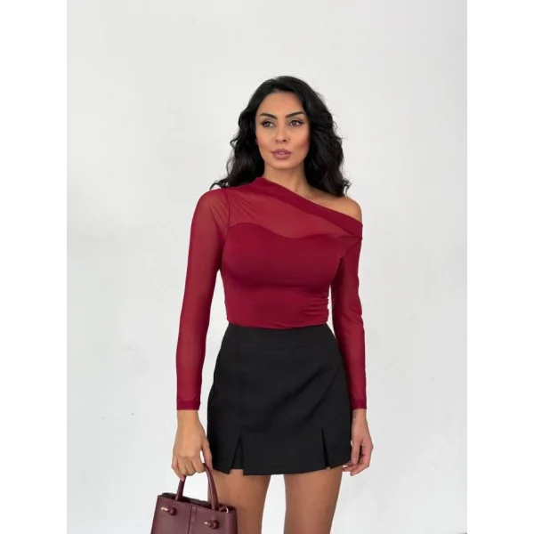 Kadın Uzun Kollu Omuz Dekoltesi Ve Transparan Tül Detay Bluz