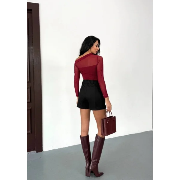 Kadın Uzun Kollu Omuz Dekoltesi Ve Transparan Tül Detay Bluz