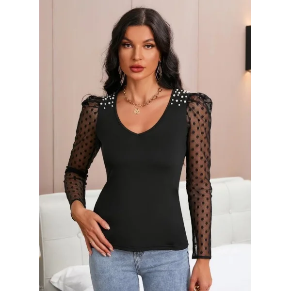 Kadın Uzun Kollu Omuz Inci Kollar Tül Detay Viskon Bluz