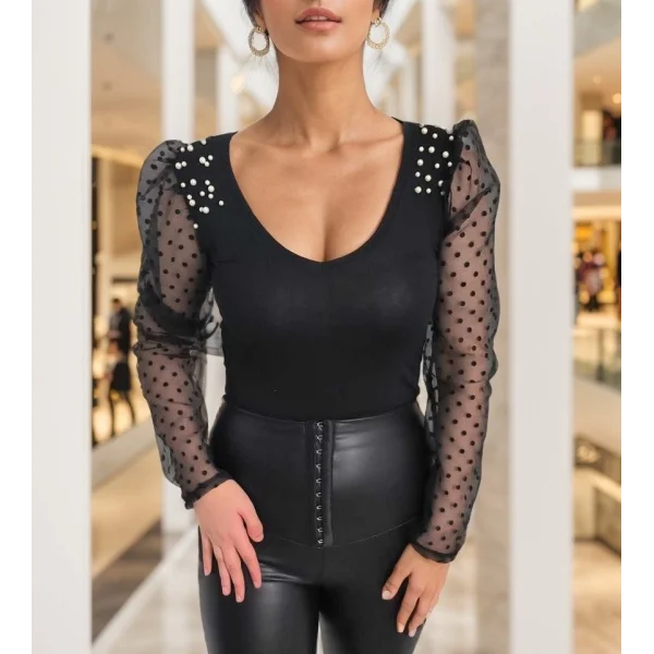 Kadın Uzun Kollu Omuz Inci Kollar Tül Detay Viskon Bluz