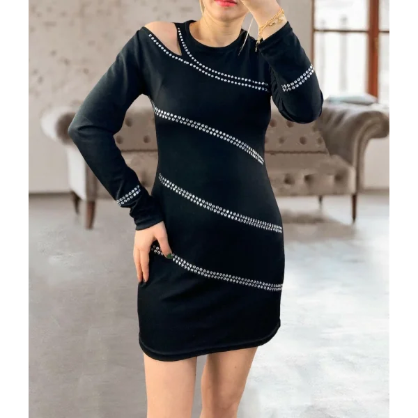 Kadın Uzun Kollu Omuz Pencere Detay Taş Işlemeli Dalgıç Mini Elbise