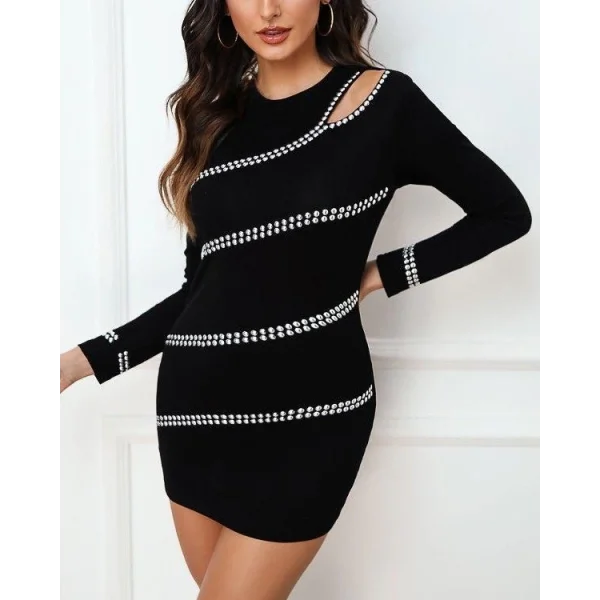 Kadın Uzun Kollu Omuz Pencere Detay Taş Işlemeli Dalgıç Mini Elbise