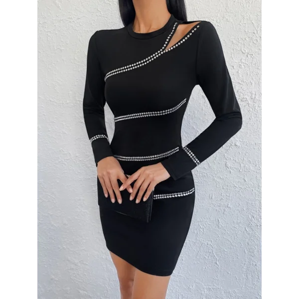 Kadın Uzun Kollu Omuz Pencere Detay Taş Işlemeli Dalgıç Mini Elbise