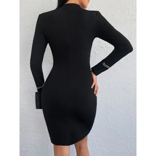 Kadın Uzun Kollu Omuz Pencere Detay Taş Işlemeli Dalgıç Mini Elbise