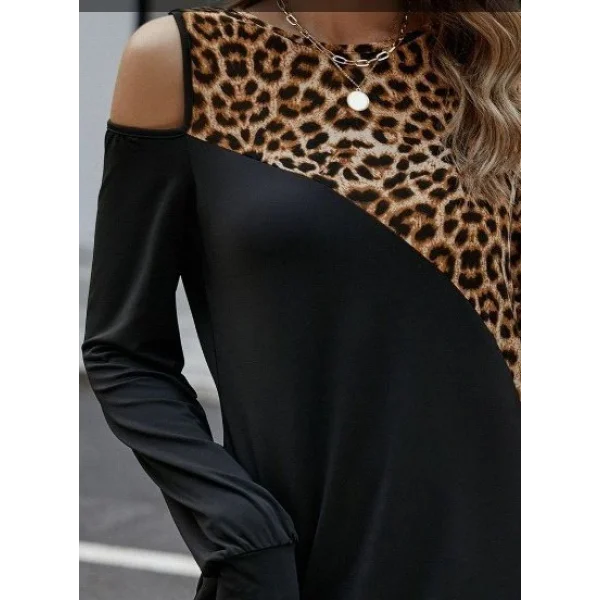 Kadın Uzun Kollu Omuzdan Açık Leopar Desenli Viskon Iki Iplik Mini Elbise