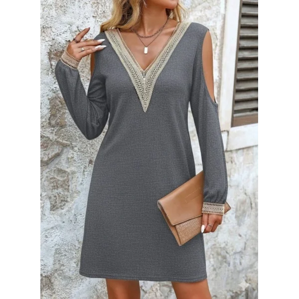 Kadın Uzun Kollu Omuzdan Açık V Dantel Yakalı Mini Waffle Elbise
