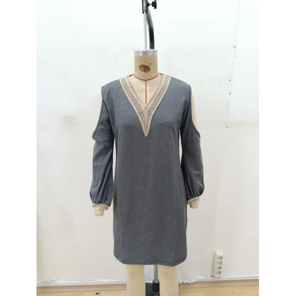 Kadın Uzun Kollu Omuzdan Açık V Dantel Yakalı Mini Waffle Elbise