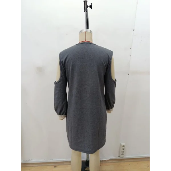 Kadın Uzun Kollu Omuzdan Açık V Dantel Yakalı Mini Waffle Elbise