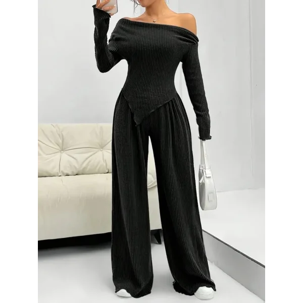 Kadın Uzun Kollu Omuzlardan Açık Asimetrik Kesim Kaşkorse Bluz Ve Pantolon Ikili Pantolon