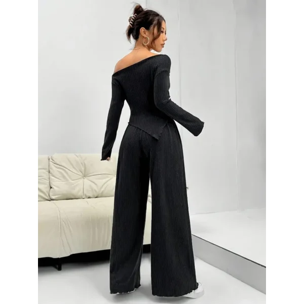Kadın Uzun Kollu Omuzlardan Açık Asimetrik Kesim Kaşkorse Bluz Ve Pantolon Ikili Pantolon