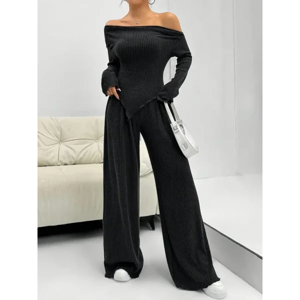 Kadın Uzun Kollu Omuzlardan Açık Asimetrik Kesim Kaşkorse Bluz Ve Pantolon Ikili Pantolon