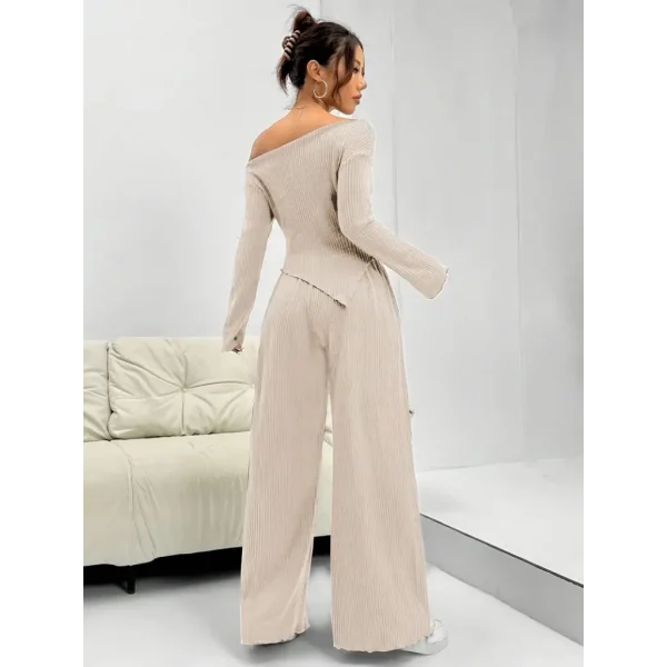 Kadın Uzun Kollu Omuzlardan Açık Asimetrik Kesim Kaşkorse Bluz Ve Pantolon Ikili Pantolon