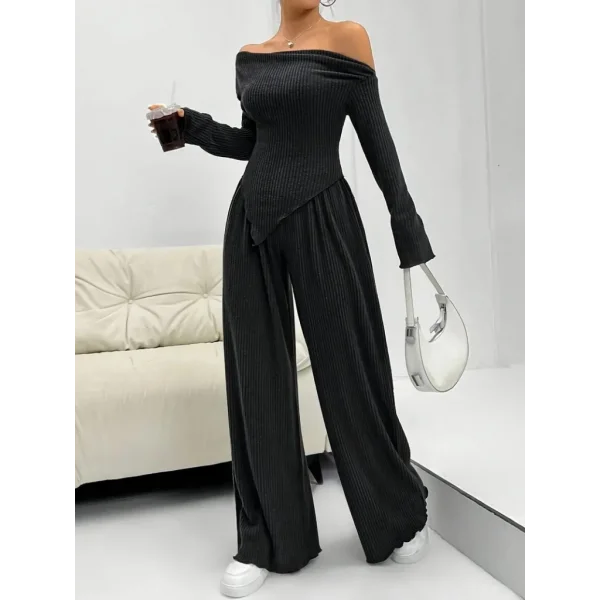 Kadın Uzun Kollu Omuzlardan Açık Asimetrik Kesim Kaşkorse Bluz Ve Pantolon Ikili Pantolon