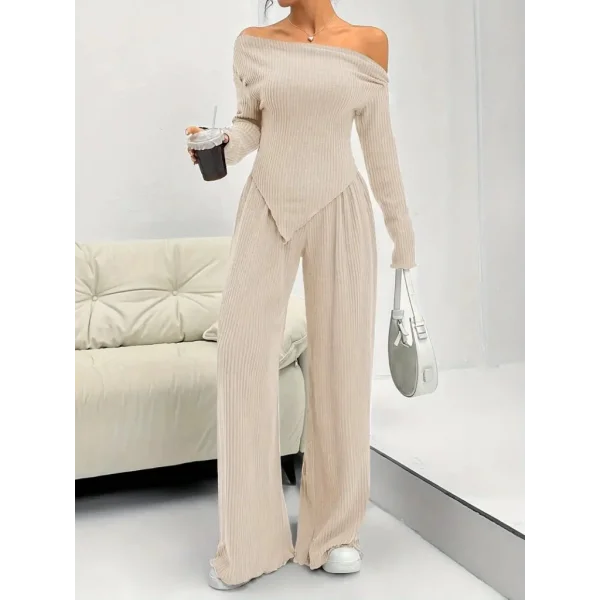 Kadın Uzun Kollu Omuzlardan Açık Asimetrik Kesim Kaşkorse Bluz Ve Pantolon Ikili Pantolon