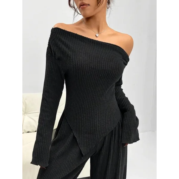 Kadın Uzun Kollu Omuzlardan Açık Asimetrik Kesim Kaşkorse Bluz Ve Pantolon Ikili Pantolon