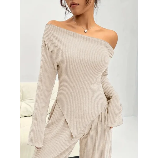 Kadın Uzun Kollu Omuzlardan Açık Asimetrik Kesim Kaşkorse Bluz Ve Pantolon Ikili Pantolon