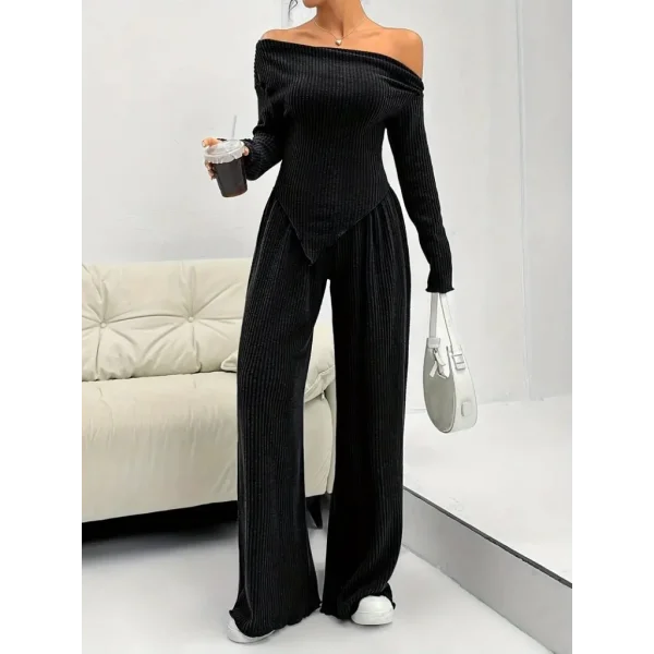 Kadın Uzun Kollu Omuzlardan Açık Asimetrik Kesim Kaşkorse Bluz Ve Pantolon Ikili Pantolon