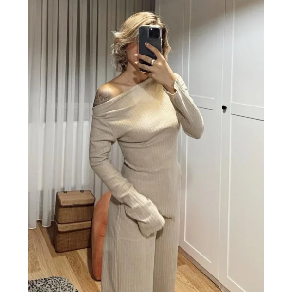Kadın Uzun Kollu Omuzlardan Açık Asimetrik Kesim Kaşkorse Bluz Ve Pantolon Ikili Pantolon