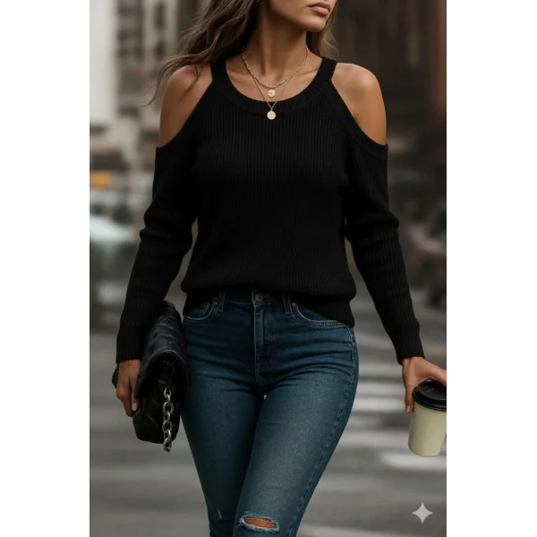 Kadın Uzun Kollu Omuzlardan Açık Askılı Yuvarlak Yaka Triko Bluz