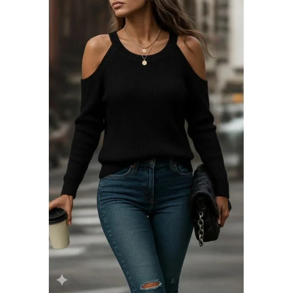 Kadın Uzun Kollu Omuzlardan Açık Askılı Yuvarlak Yaka Triko Bluz