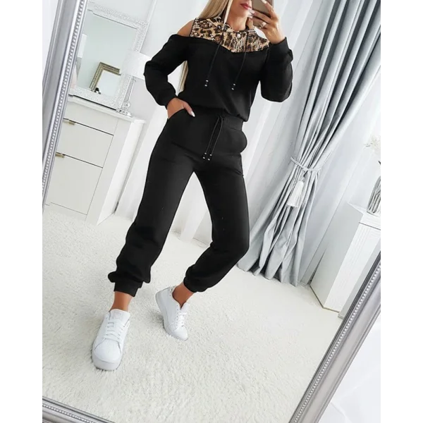 Kadın Uzun Kollu Omuzlardan Açık Leopar Desenli Kapşonlu Viskon Iki Iplik Bluz Ve Pantolon Ikili Takım