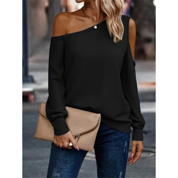 Kadın Uzun Kollu Omuzlardan Açık Salaş Viskon Iki Iplik Bluz