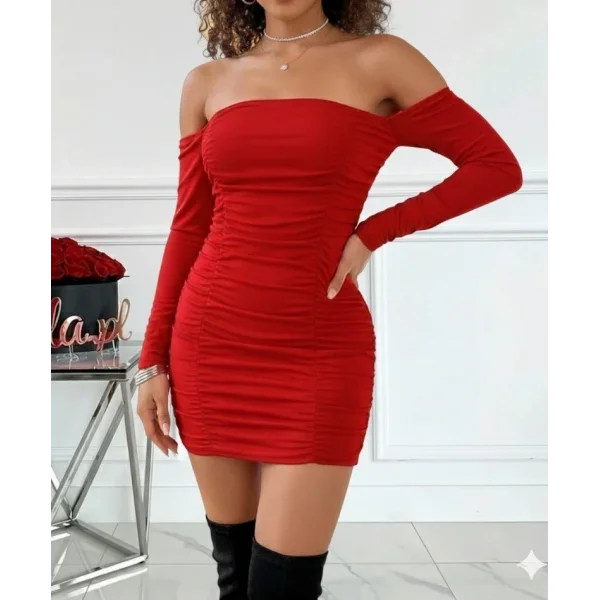 Kadın Uzun Kollu Omuzlardan Açık Takma Kollu Büzgülü Sandy Kısa Elbise