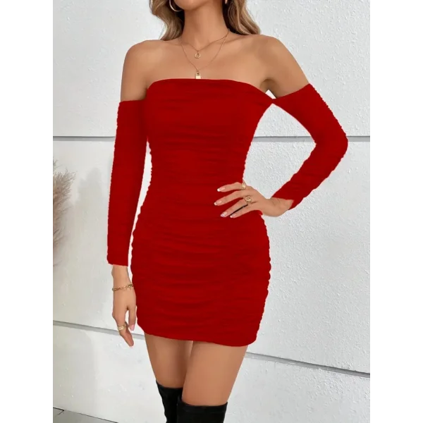 Kadın Uzun Kollu Omuzlardan Açık Takma Kollu Büzgülü Sandy Kısa Elbise