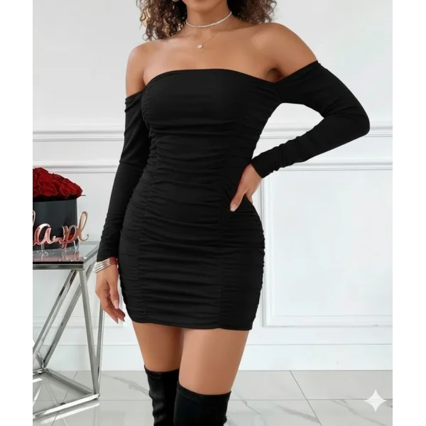 Kadın Uzun Kollu Omuzlardan Açık Takma Kollu Büzgülü Sandy Kısa Elbise