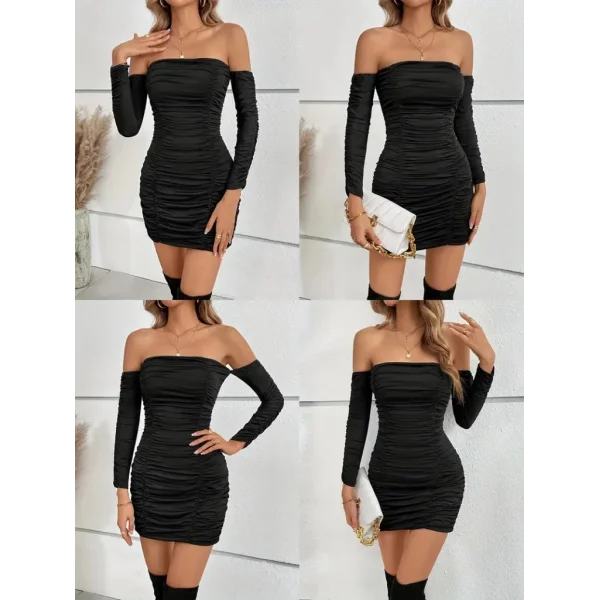 Kadın Uzun Kollu Omuzlardan Açık Takma Kollu Büzgülü Sandy Kısa Elbise