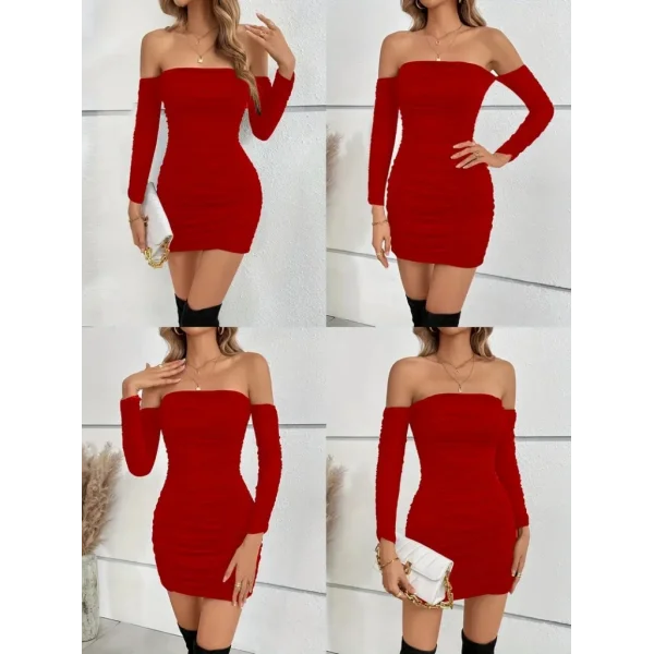 Kadın Uzun Kollu Omuzlardan Açık Takma Kollu Büzgülü Sandy Kısa Elbise