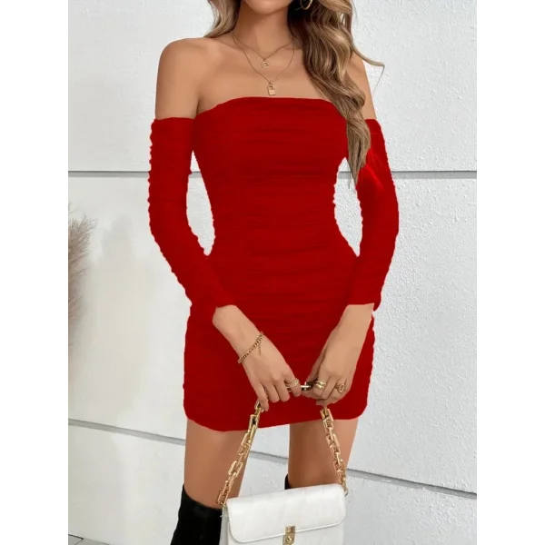 Kadın Uzun Kollu Omuzlardan Açık Takma Kollu Büzgülü Sandy Kısa Elbise