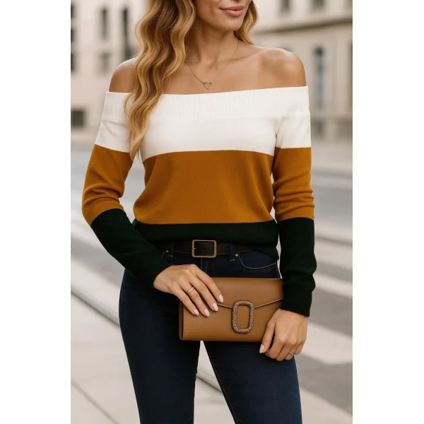 Kadın Uzun Kollu Omuzlardan Açık Uzun Kollu Blok çizgili Triko Bluz