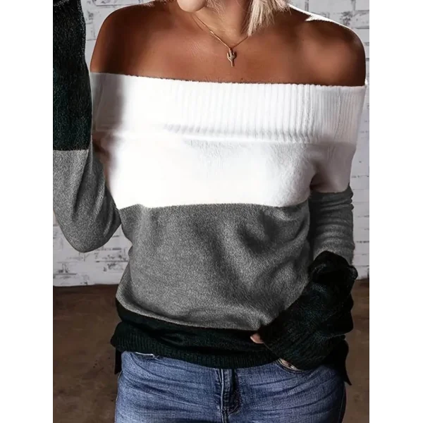 Kadın Uzun Kollu Omuzlardan Açık Uzun Kollu Blok çizgili Triko Bluz