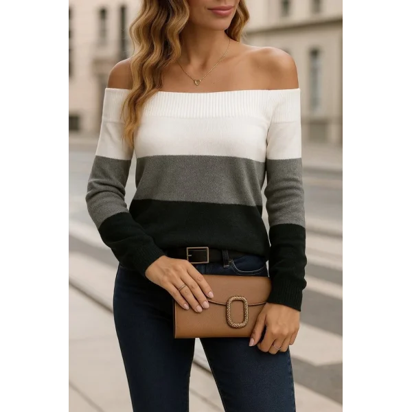 Kadın Uzun Kollu Omuzlardan Açık Uzun Kollu Blok çizgili Triko Bluz