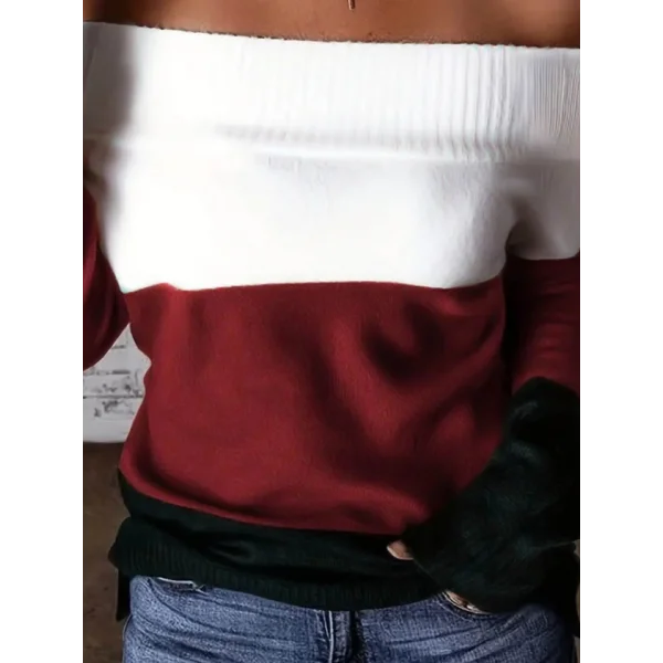 Kadın Uzun Kollu Omuzlardan Açık Uzun Kollu Blok çizgili Triko Bluz