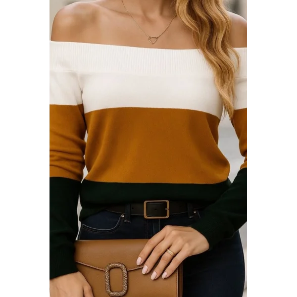 Kadın Uzun Kollu Omuzlardan Açık Uzun Kollu Blok çizgili Triko Bluz