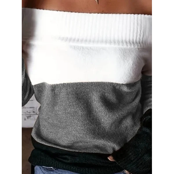 Kadın Uzun Kollu Omuzlardan Açık Uzun Kollu Blok çizgili Triko Bluz