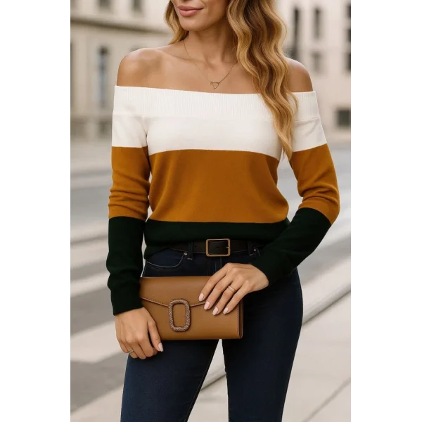 Kadın Uzun Kollu Omuzlardan Açık Uzun Kollu Blok çizgili Triko Bluz