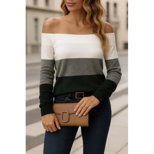 Kadın Uzun Kollu Omuzlardan Açık Uzun Kollu Blok çizgili Triko Bluz
