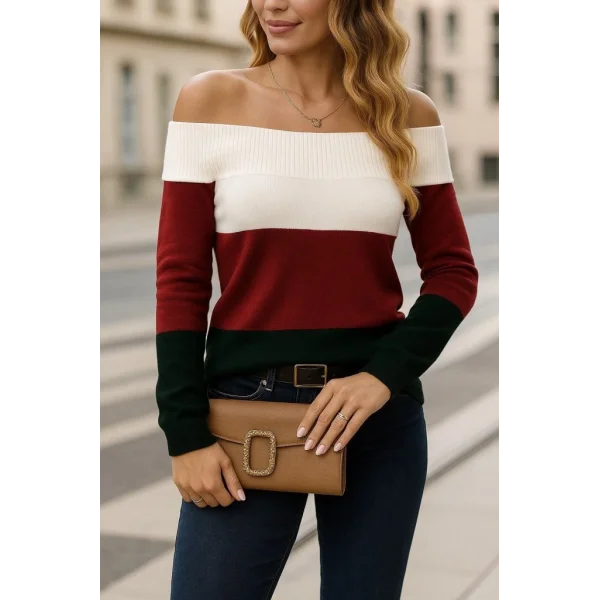 Kadın Uzun Kollu Omuzlardan Açık Uzun Kollu Blok çizgili Triko Bluz