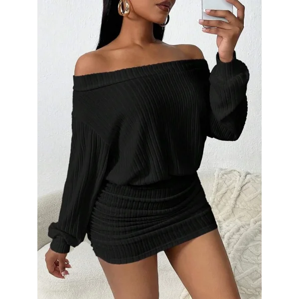 Kadın Uzun Kollu Omuzlardan Açık Yanlardan Büzgülü şardonlu Kaşkorse Elbise