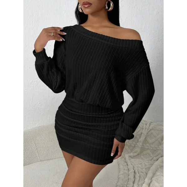 Kadın Uzun Kollu Omuzlardan Açık Yanlardan Büzgülü şardonlu Kaşkorse Elbise