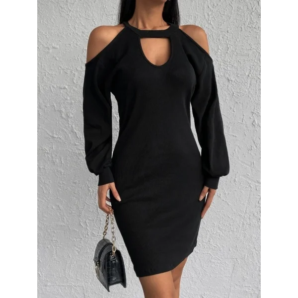 Kadın Uzun Kollu Omuzları Açık Boyundan şerit Detay Kaşkorse Elbise