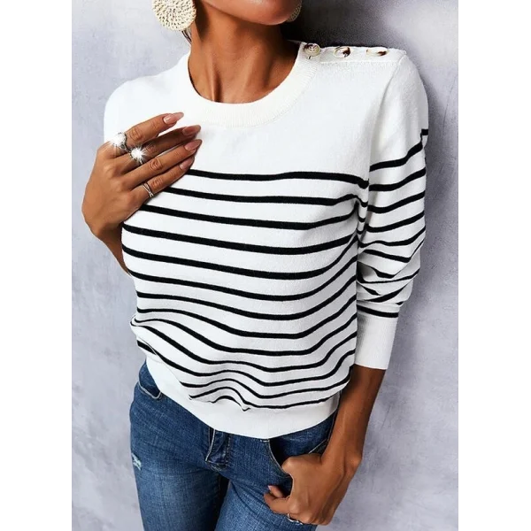 Kadın Uzun Kollu Omuzu Düğme Detay çizgili Triko Kazak