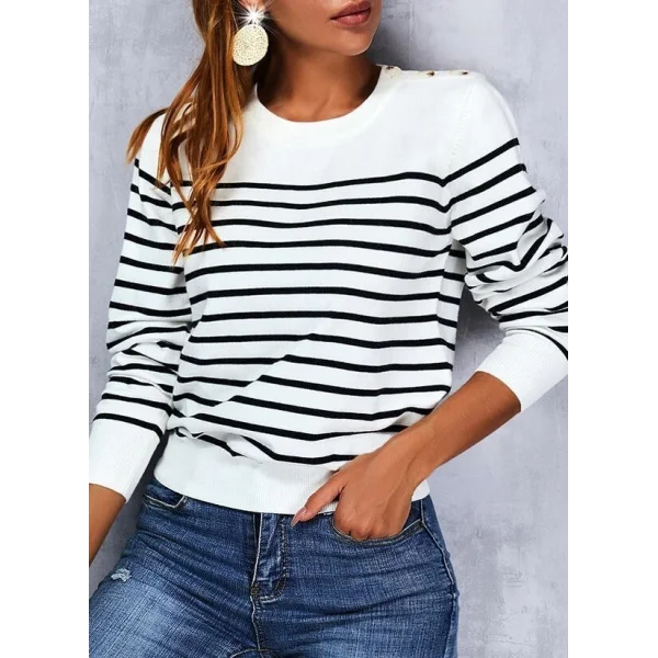 Kadın Uzun Kollu Omuzu Düğme Detay çizgili Triko Kazak