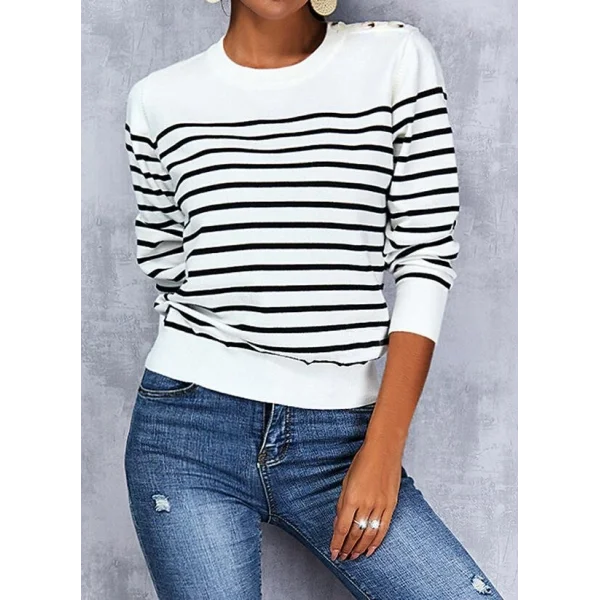 Kadın Uzun Kollu Omuzu Düğme Detay çizgili Triko Kazak