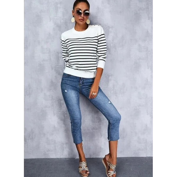 Kadın Uzun Kollu Omuzu Düğme Detay çizgili Triko Kazak